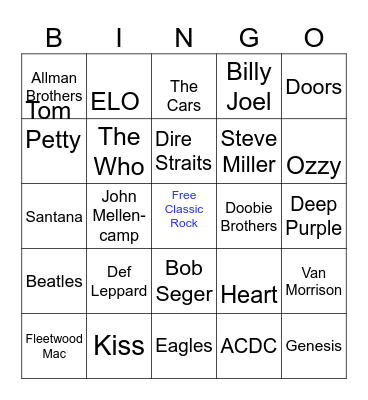 Classic Rock Bands Bingo Card