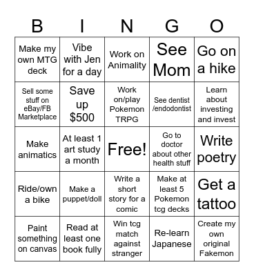 year goals bingo Card