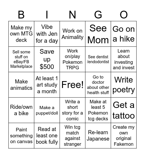 year goals bingo Card