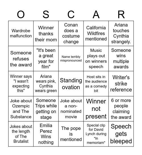 Oscars 2025 Bingo Card