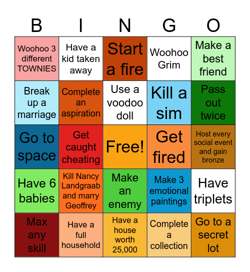 Sims 4 Base Game Bingo Card