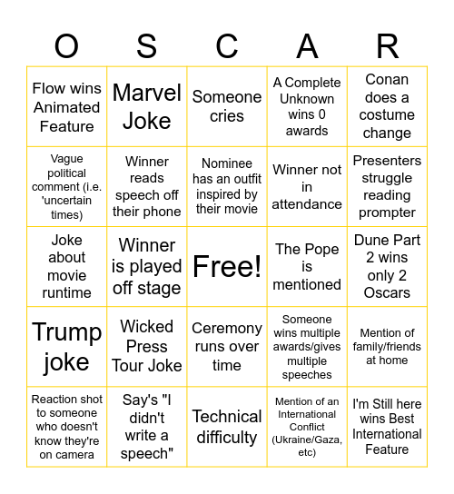 Kwantourage Oscars 2025 Bingo Card