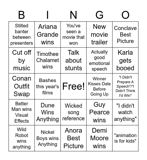Oscars Bingo Card