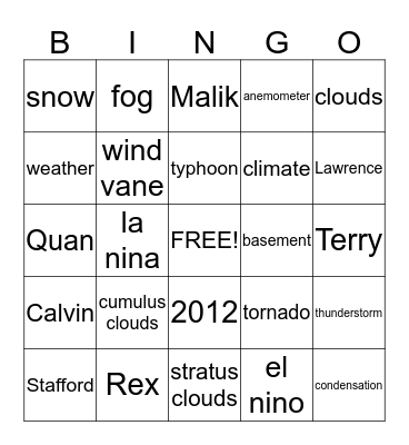 Weather Bingo Card