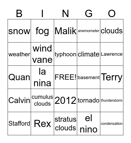 Weather Bingo Card