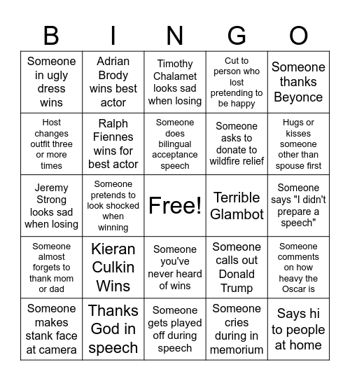 Oscars Bingo Card