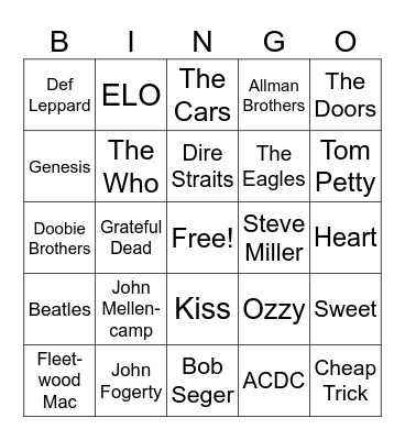 Classic Rock Bands Bingo Card
