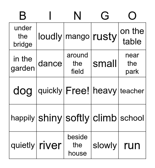 Parts of Speech Bingo Card