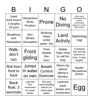 SWIMMING Bingo Card