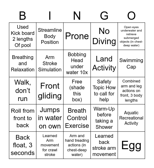 SWIMMING Bingo Card