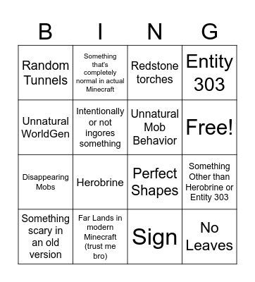 Scary Minecraft Bingo Card