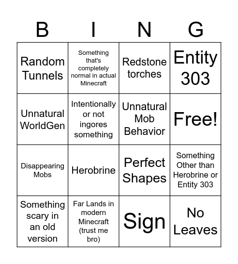 Scary Minecraft Bingo Card