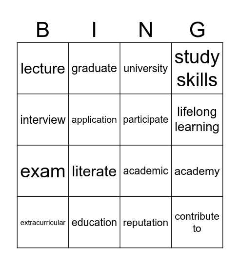 Unit 10 Education Vocabulary Bingo Card