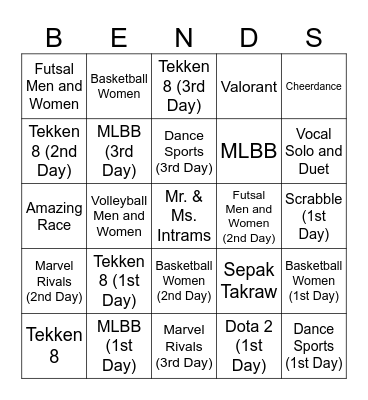 Intramurals BINGO "BENDS" CARD Bingo Card