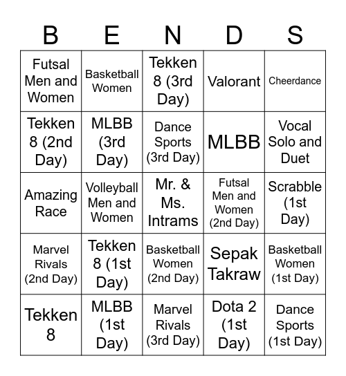 Intramurals BINGO "BENDS" CARD Bingo Card