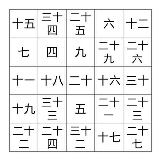 Numbers １－３５ Bingo Card