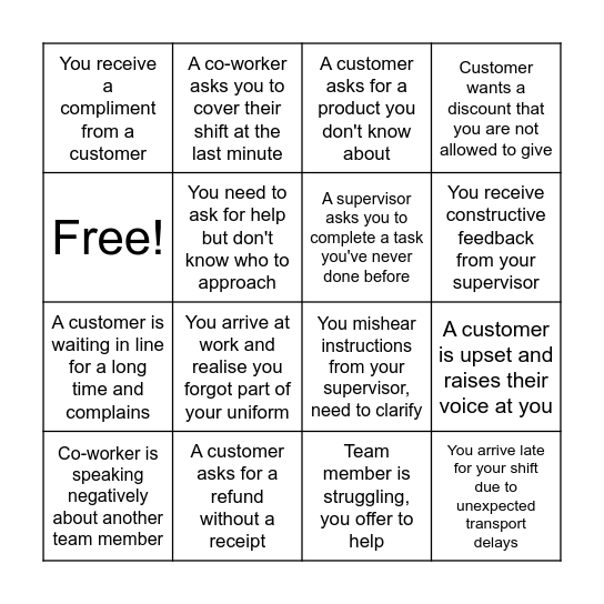 Workplace Scenario Bingo Card