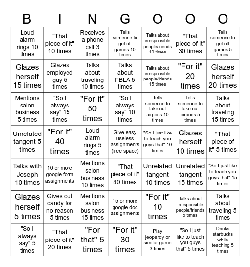 Big Swank Bingo Card