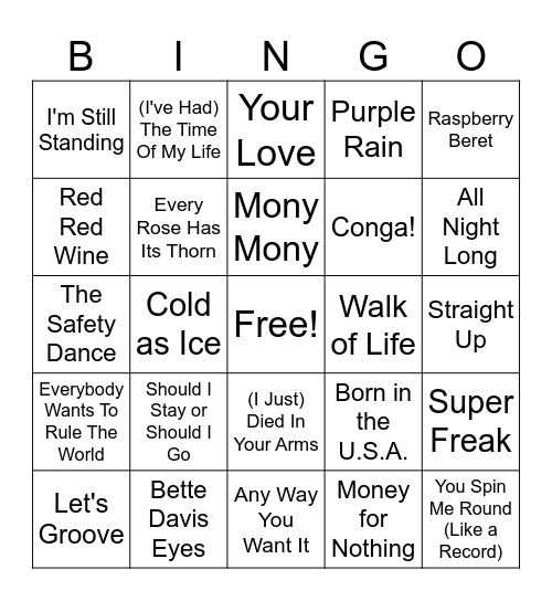 (G) 80s Music Bingo Round 2 Bingo Card