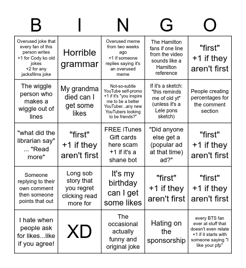 YouTube Comment Section Bingo Card