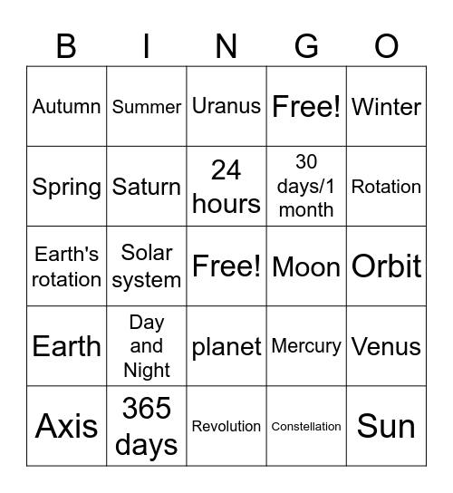 Earth in Space and Time Bingo Card