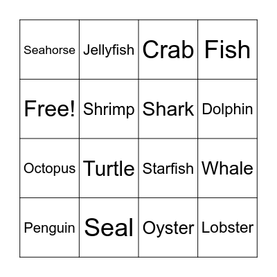 Sea animals Bingo Card