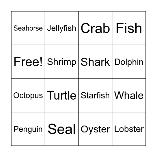 Sea animals Bingo Card