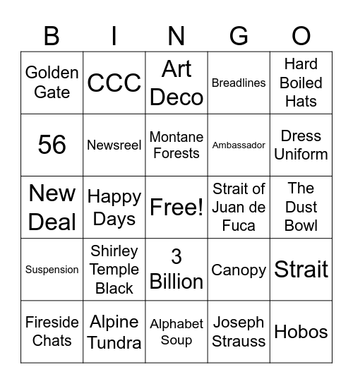 America the Beautiful Unit 21 Bingo Card