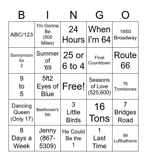 MUSIC BINGO 2025-MARCH 20TH Bingo Card