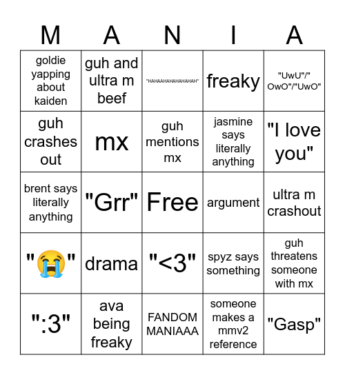 Fandom Mania Bingo Card