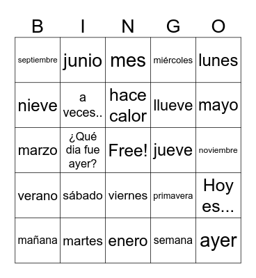 dias, meses, estaciones, vocabulario Bingo Card