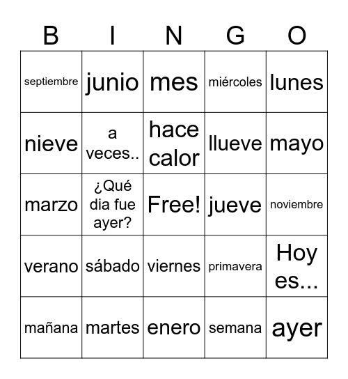 dias, meses, estaciones, vocabulario Bingo Card