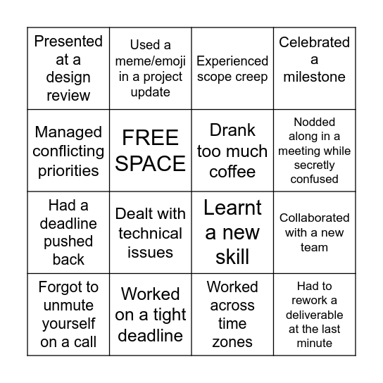 PROJECT EXPERIENCES BINGO Card