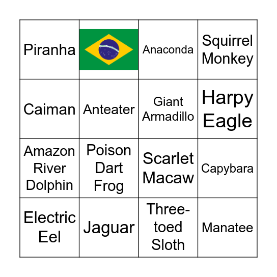 Amazon Animals Bingo Card