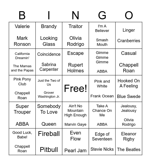 Natalie's Sweet 17 Bingo Card