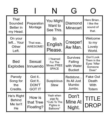 MINECRAFT MOVIE Bingo Card