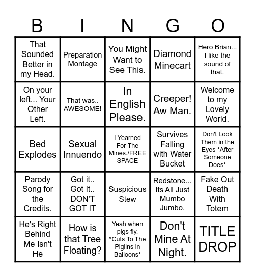 MINECRAFT MOVIE Bingo Card