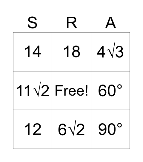 Special Right Angle BINGO Card