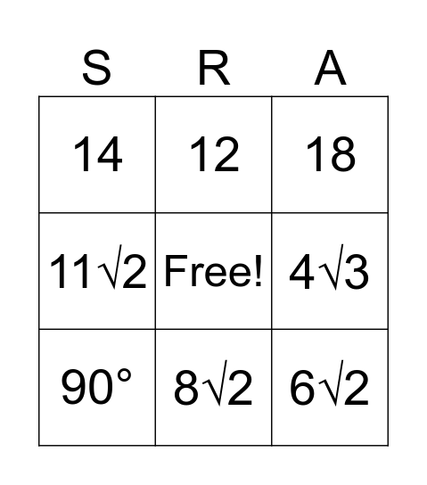 Special Right Angle BINGO Card