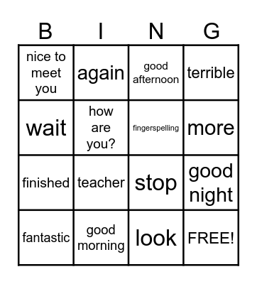 Basic Signs/Greetings Bingo Card