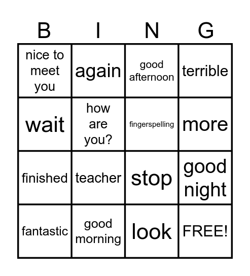 Basic Signs/Greetings Bingo Card