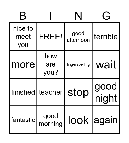 Basic Signs/Greetings Bingo Card