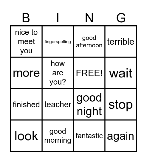 Basic Signs/Greetings Bingo Card
