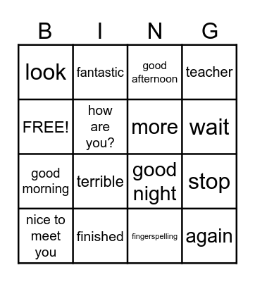 Basic Signs/Greetings Bingo Card
