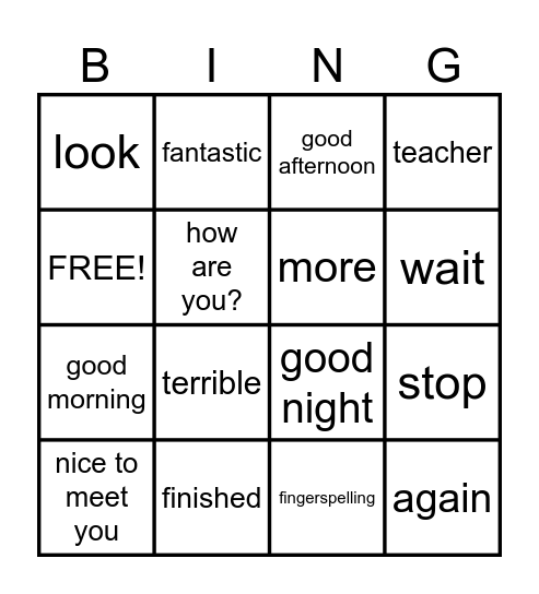 Basic Signs/Greetings Bingo Card