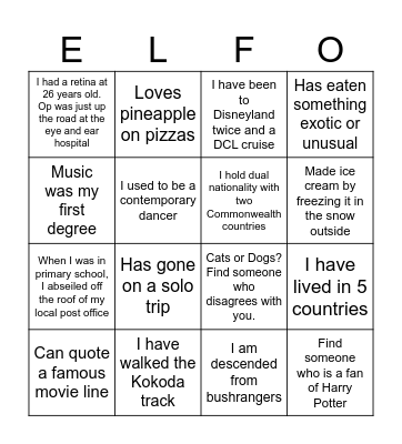 ELFO Get to Know You Bingo! Bingo Card