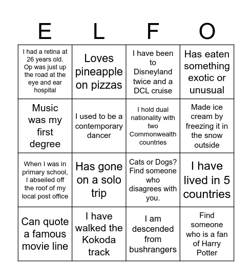 ELFO Get to Know You Bingo! Bingo Card