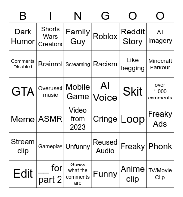 YouTube Shorts Bingo Card