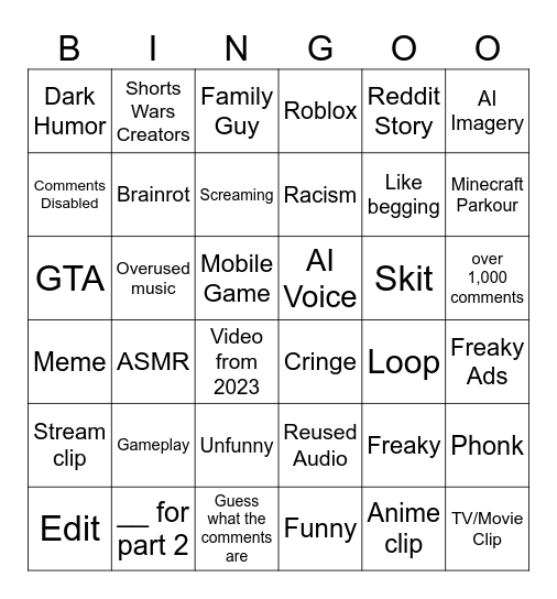 YouTube Shorts Bingo Card