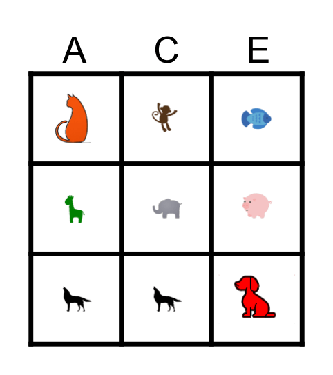Colored Animals Bingo Card